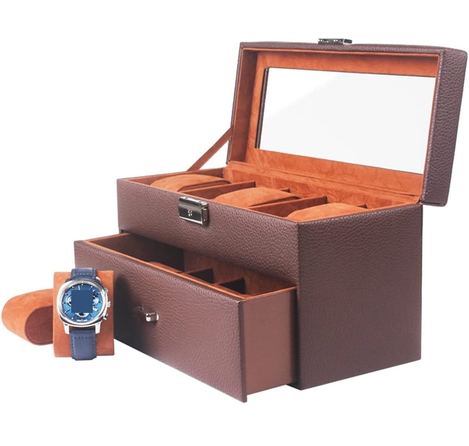 Uhrenbox, exquisiter Uhrenbox-Organizer mit 2 Ebenen und 10 Fächern, mit Schublade und Glasdisplay, abschließbarem Uhrengehäuse, Uhrenaufbewahrungsbox Safehappy