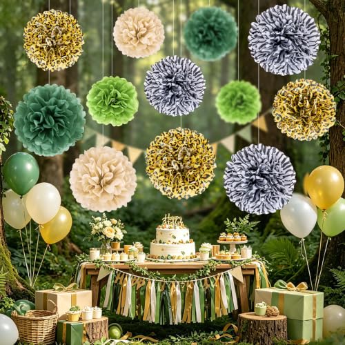 Image of Easy Joy Jungle Safari Party Tissue Pompom Wild Animal Leopard Zebra Print Decor Sage Green Paper Decoration Wall Hanging Paper Flower 12pcs for Wild Kid's Birthday Baby Shower Classroom Wall