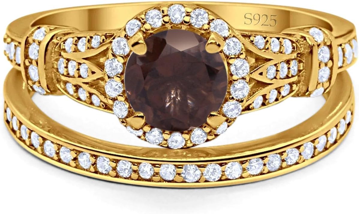 OMRANII Art Deco Ring Round Natural Chocolate Smoky Quartz Cubic Zirconia Promise Ring Two Piece Bridal Wedding Set Engagement Rings For Women 925 Sterling Silver Gifts For Her