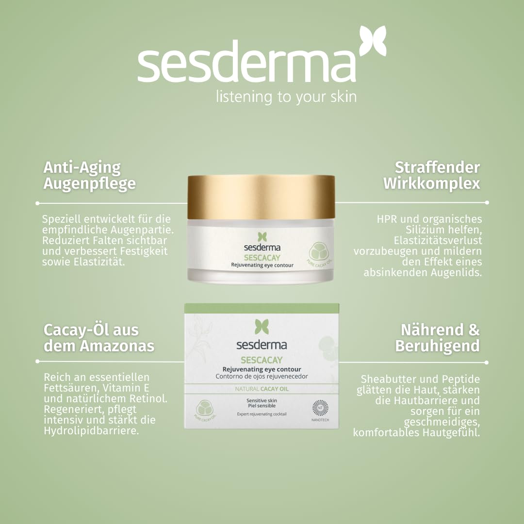 Sesderma SESCACAY Verjüngende Augencreme mit Cacay-Öl & HPR 30 ml - Anti-Aging Augenpflege gegen Falten, Schwellungen & Augenringe, Straffend, Beruhigend, mit Peptiden & EGF