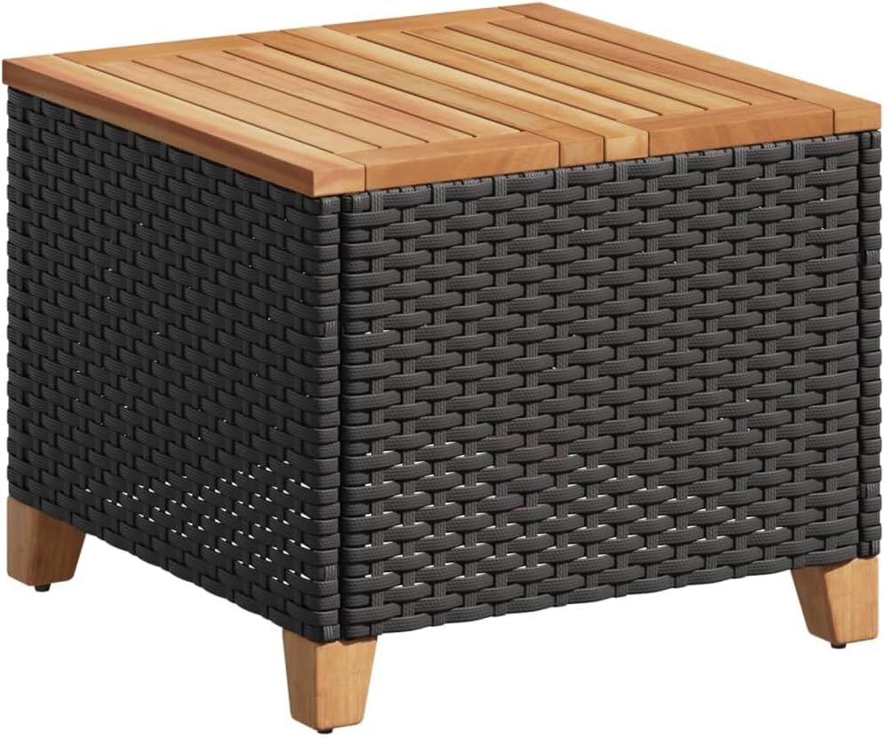 Patio Table Black 17.7x17.7x14.6 Poly Rattan Acacia Wood Outdoor Small Table - Camp Table Side Table Dining Table for Patio Outdoors Terrace Balcony