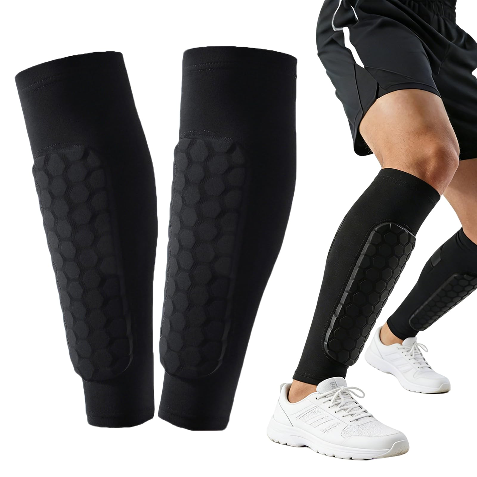 Compression Sleeve with Honeycomb Pads, Football Shin Guards Sleeves, Shin Guards for Defender, Soccer Defender Pad for Teenagers and Adults Lightweight Comfortable Fit (Black) (Black, M)