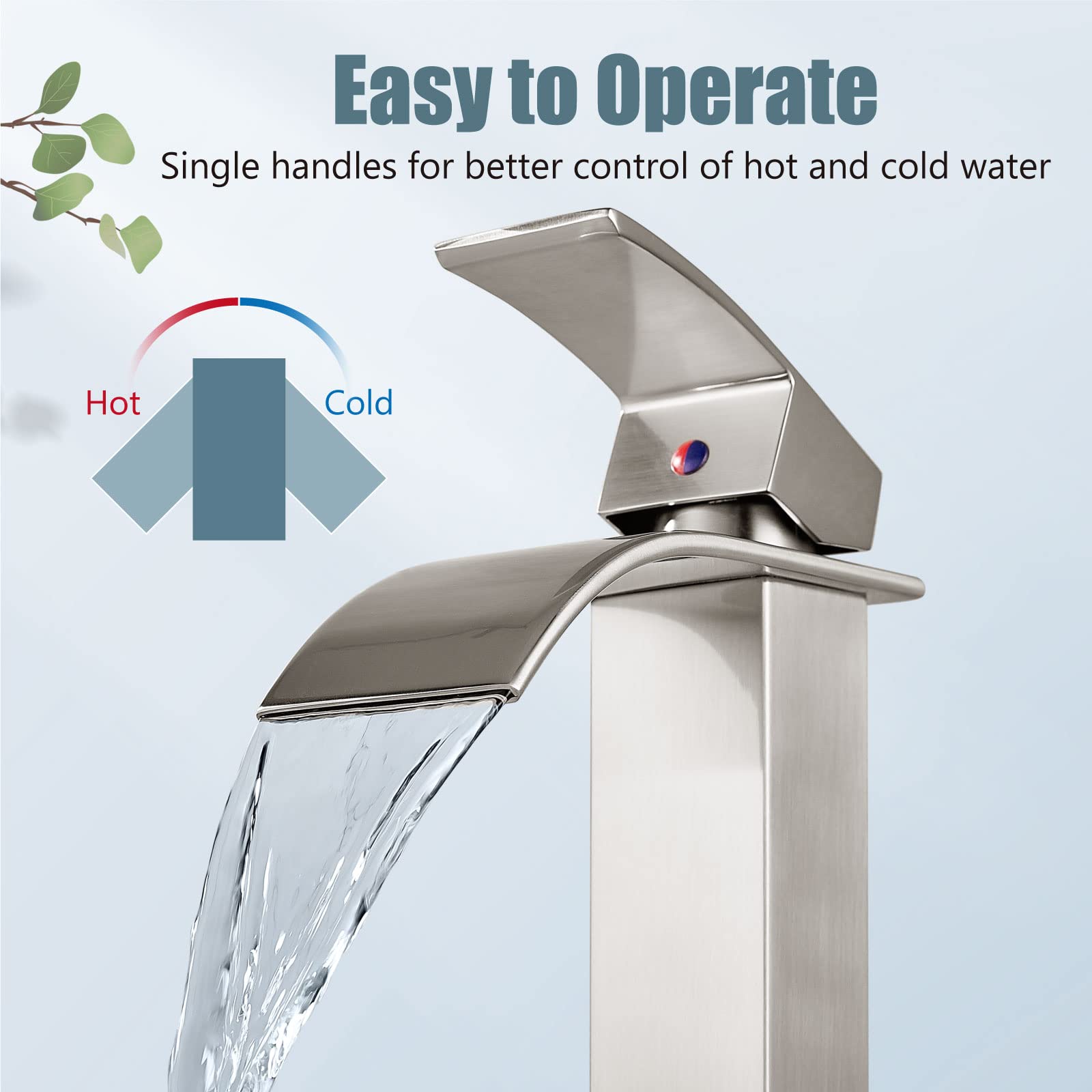 Aolemi Brushed Nickel Tall Bathroom Faucet Waterfall Vessel Sink Faucet Single Hole 1 Handle Lavatory Vanity RV Deck Mount Mixer Tap with Pop Up Drain Assembly