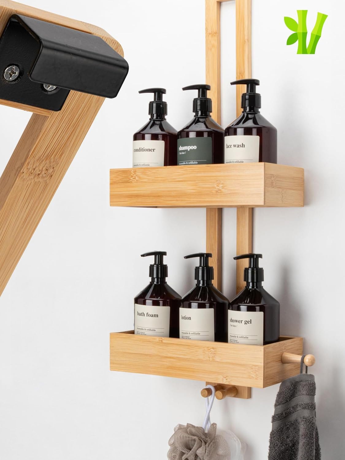 SVADA Estantería de ducha colgante de bambú para colgar sin taladrar, cesta de ducha, estante de ducha, baño, madera, champú, organizador
