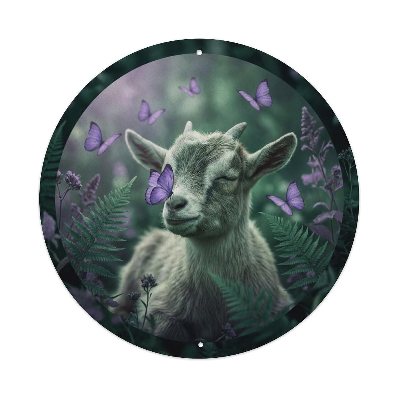 Goat Kid Cute Farm Animal Violet Butterfly Meadow Kawaii Metal Tin Sign Plaque Wall Decor for Cafe, Man Cave, Club Bar, Office, Home Garden Round Metal Poster 8x8Inch