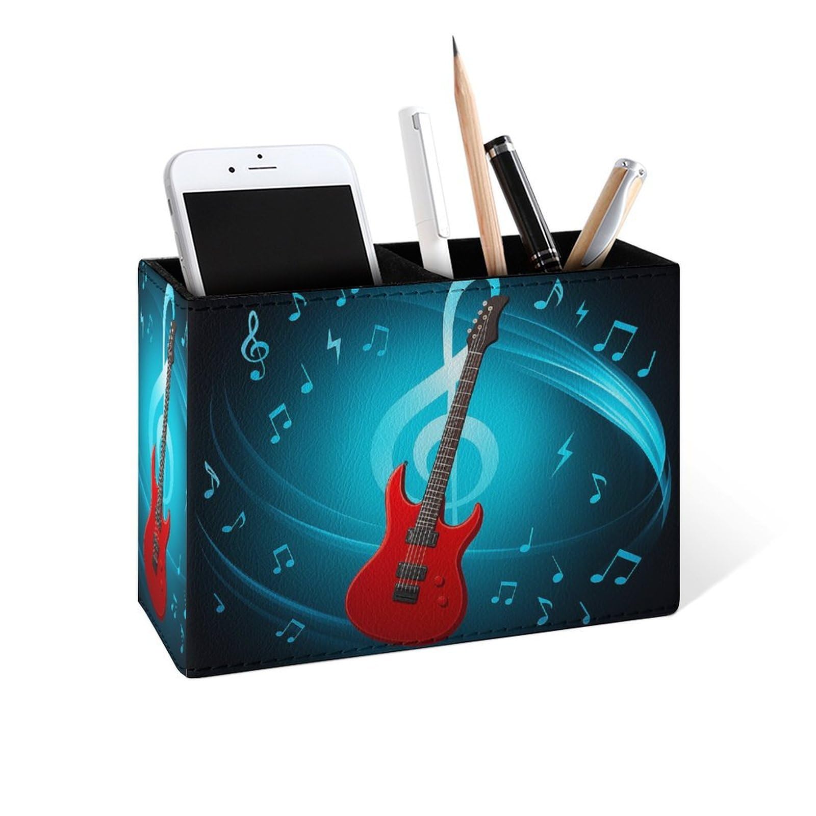 Famame Red Guitar Blue Musics Pencil Holder for Desk, Leather Desktop Container Pen Cup Storage Study Table Pen Organizer Makeup Brush Holder for