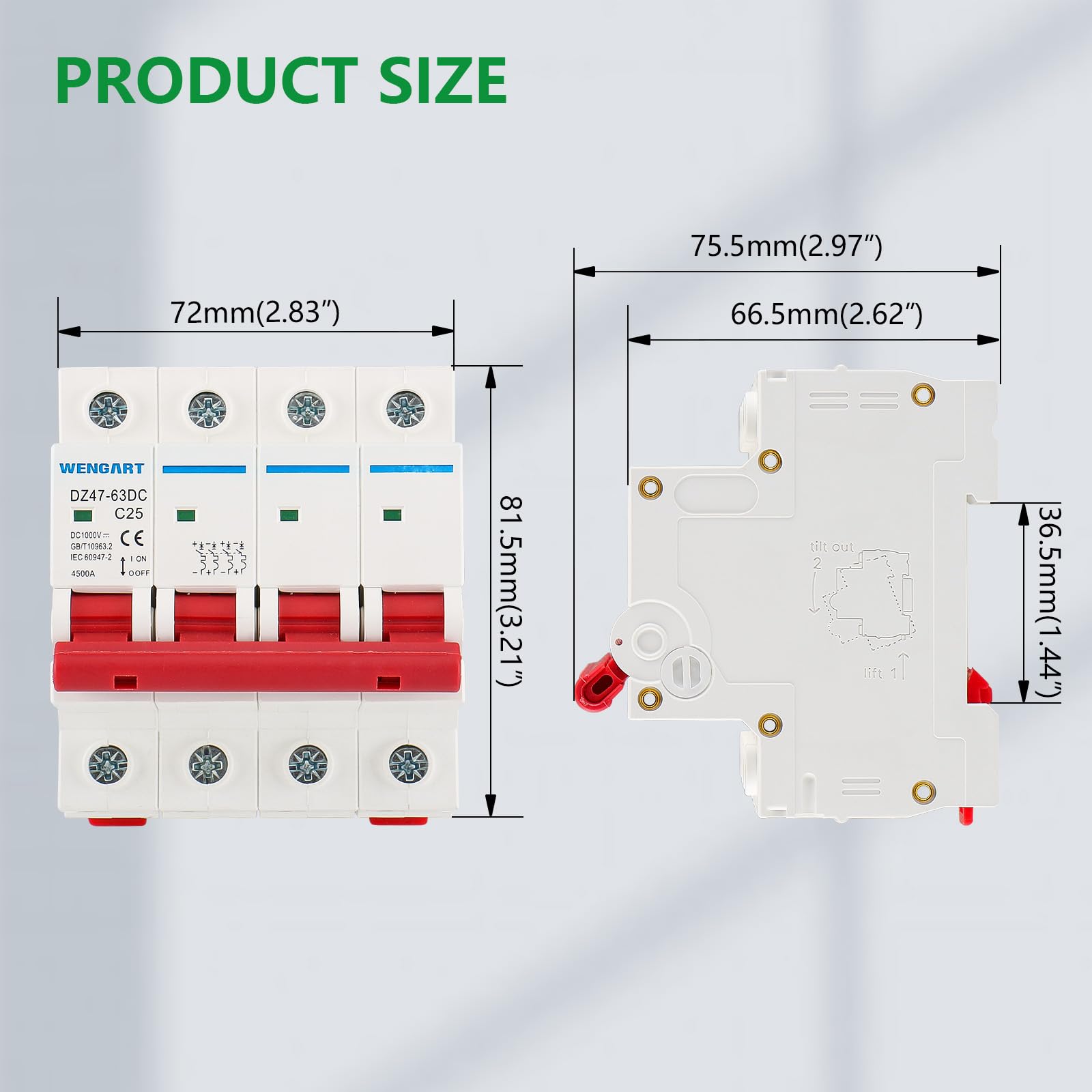 Wengart Interruttore Magnetotermico DC 4 Poli, 1000V 25A, Sezionatore Fotovoltaico per Alta Tensione, Protezione Stringa Solare e Batterie, Interruttore Automatico Professionale per Impianti Off-Grid