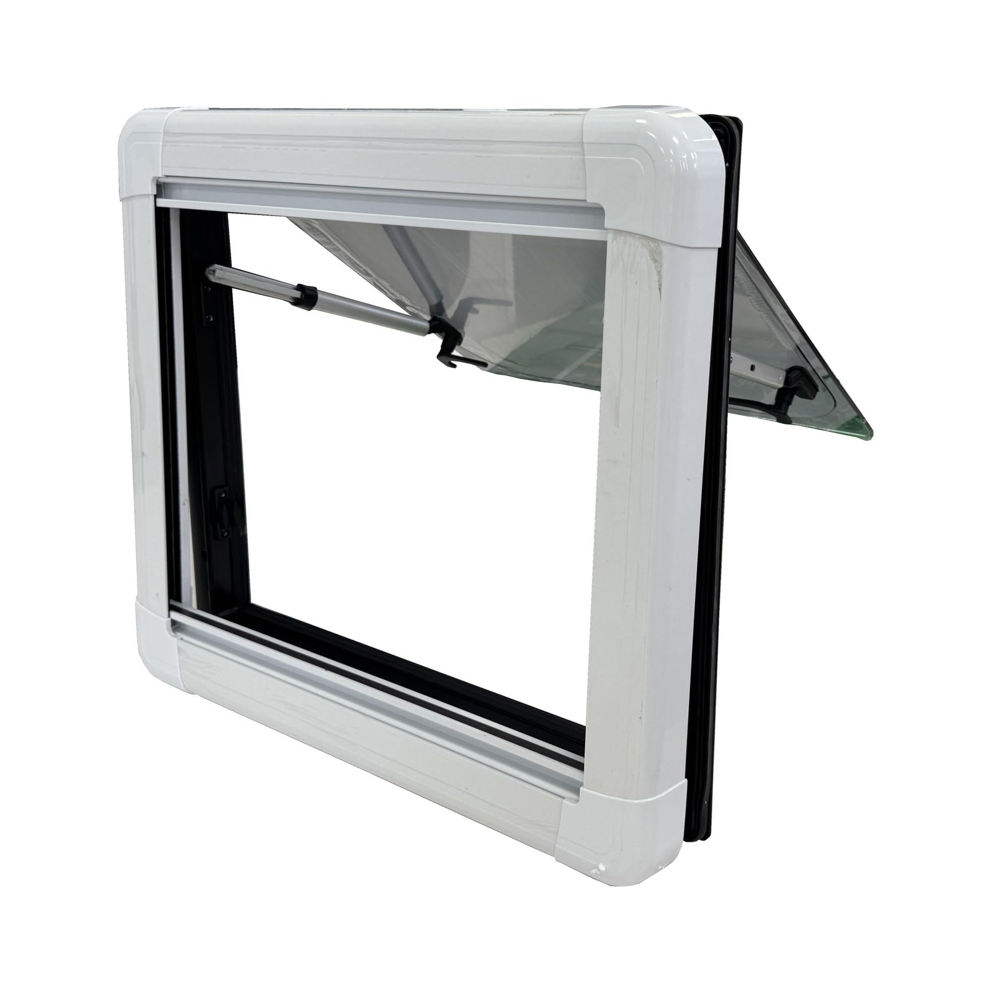 SWISS OUTDOOR Ausstellfenster 800x500 Acrylglas , ECE R43 geprüft, Doppelverglasung, Rollo & Mückenschutz, Weiße Blende, isoliert, Wohnmobil Van Kastenwagen Fenster Camper Ausbau