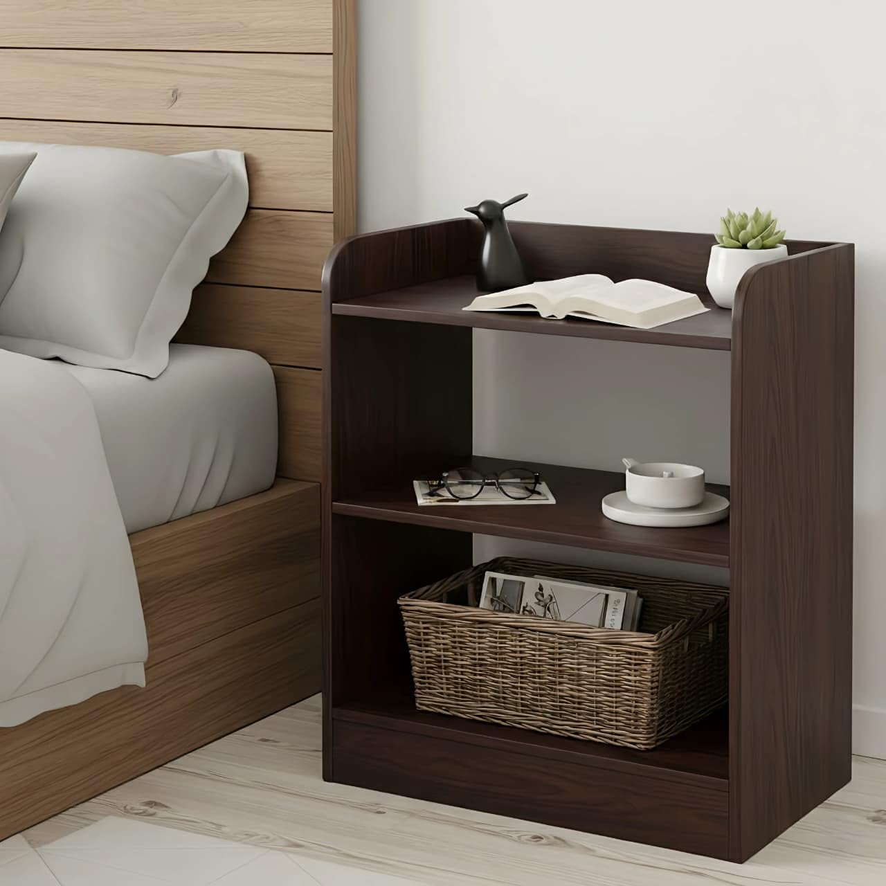 Bedside Table with 3 Open Shelves, Brown Wood Finish, 50.8 x 41.2 x 24 cm, Nightstand Storage Organizer