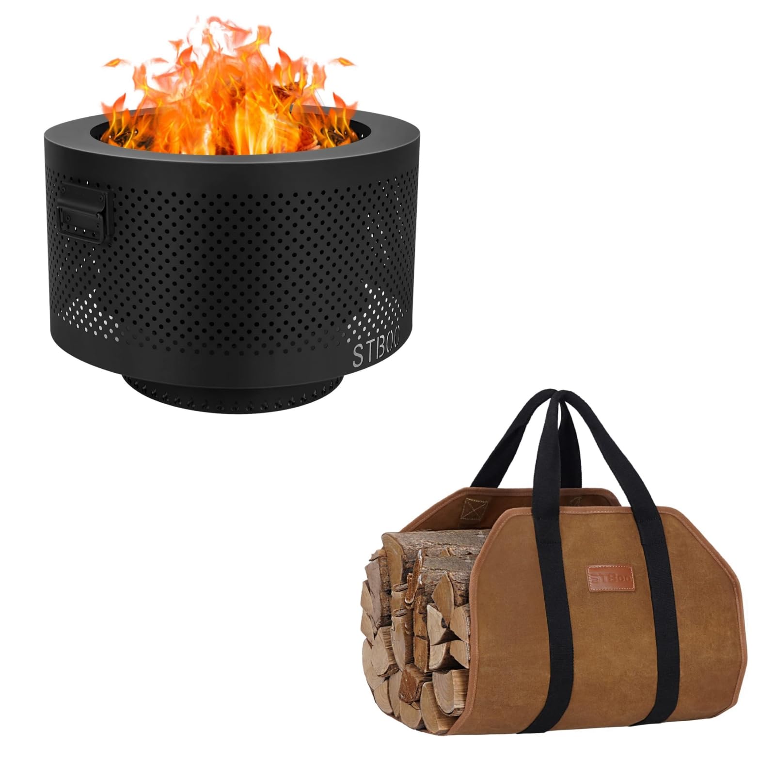 STBoo 24 Inch Smokeless Fire Pits for Outside with Portable Carrying Storage Bag, Waxed Canvas Firewood Log Carrier