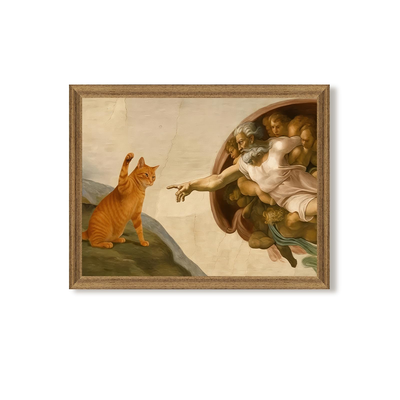 Apokiil Vintage Funny Cat Wall Art - Orange Cat The Creation of Adam Poster, Humorous Bathroom Cat Decor, Funny Cat Art Print Framed Canvas for Home Bedroom Living Room 10x 8In