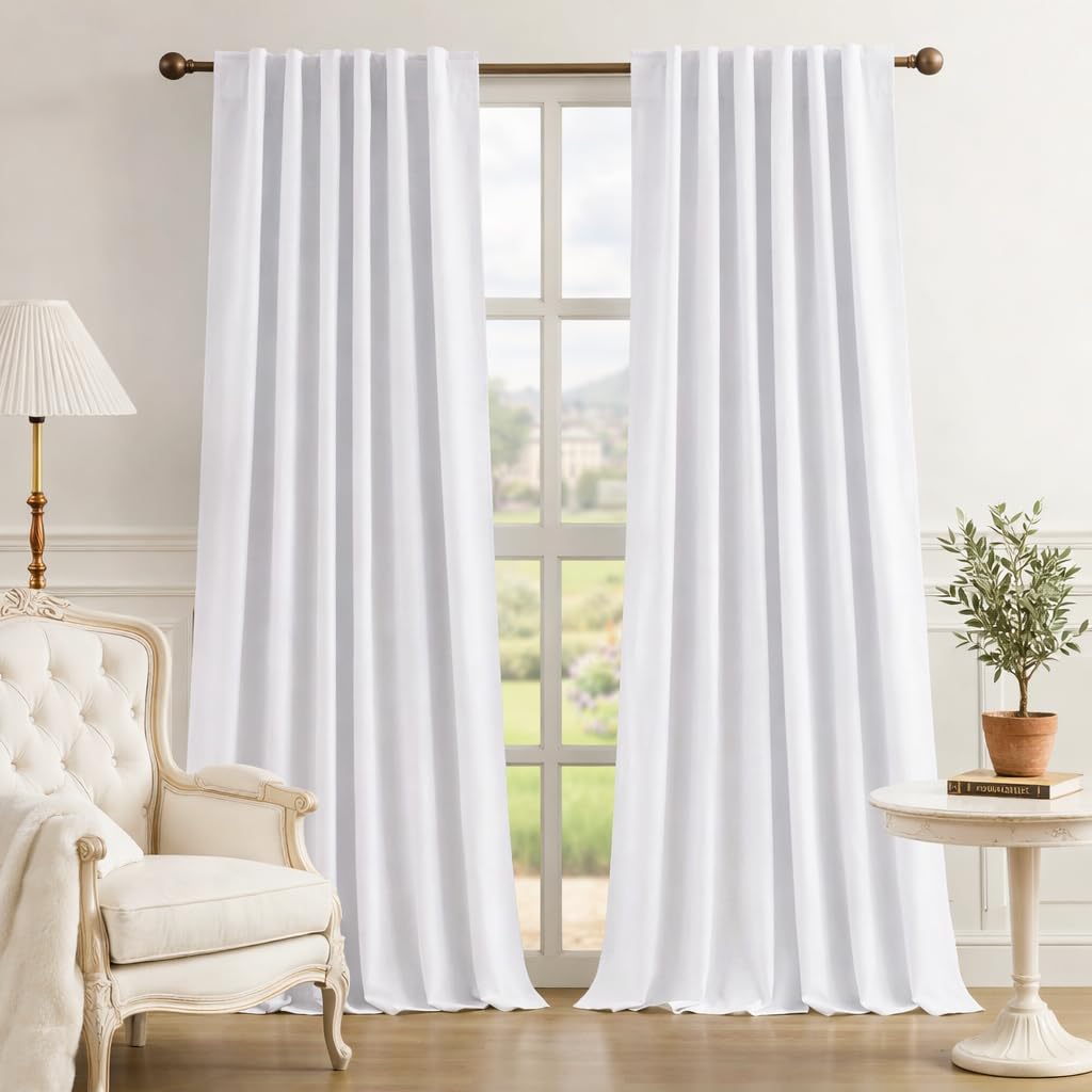 HOMEIDEAS 100% Chenille Blackout Curtains for Bedroom White Curtains 84 Inch Length 2 Panels for Living Room Luxury Thermal Insulated Rod Pocket &
