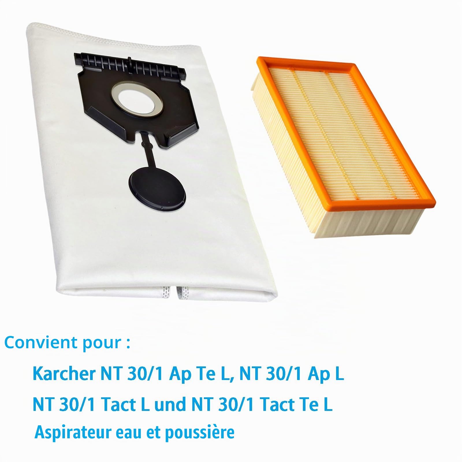 Lot de 6 sacs d'aspirateur de rechange pour Kärcher NT 30/1 Ap Te L NT 30/1 Ap L NT 30/1 Tact L NT 30/1 Tact Te L Accessoires pour aspirateur eau et poussière (6 sacs d'aspirateur + 2 filtres HEPA)
