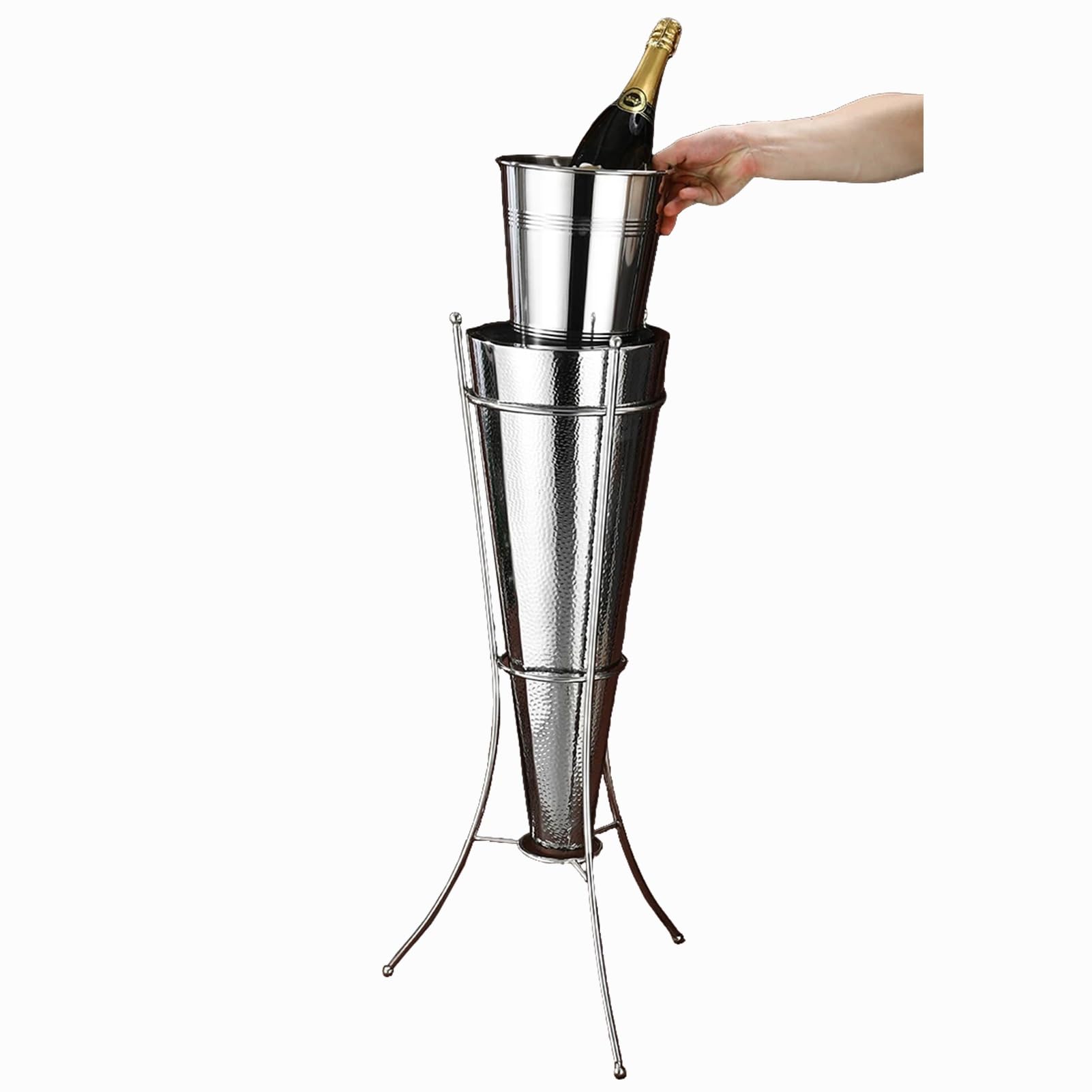 Bañera plateada de acero inoxidable con soporte, elegante cubo de hielo para champán y vino, enfriador grande de hielo martillado de pie para reuniones