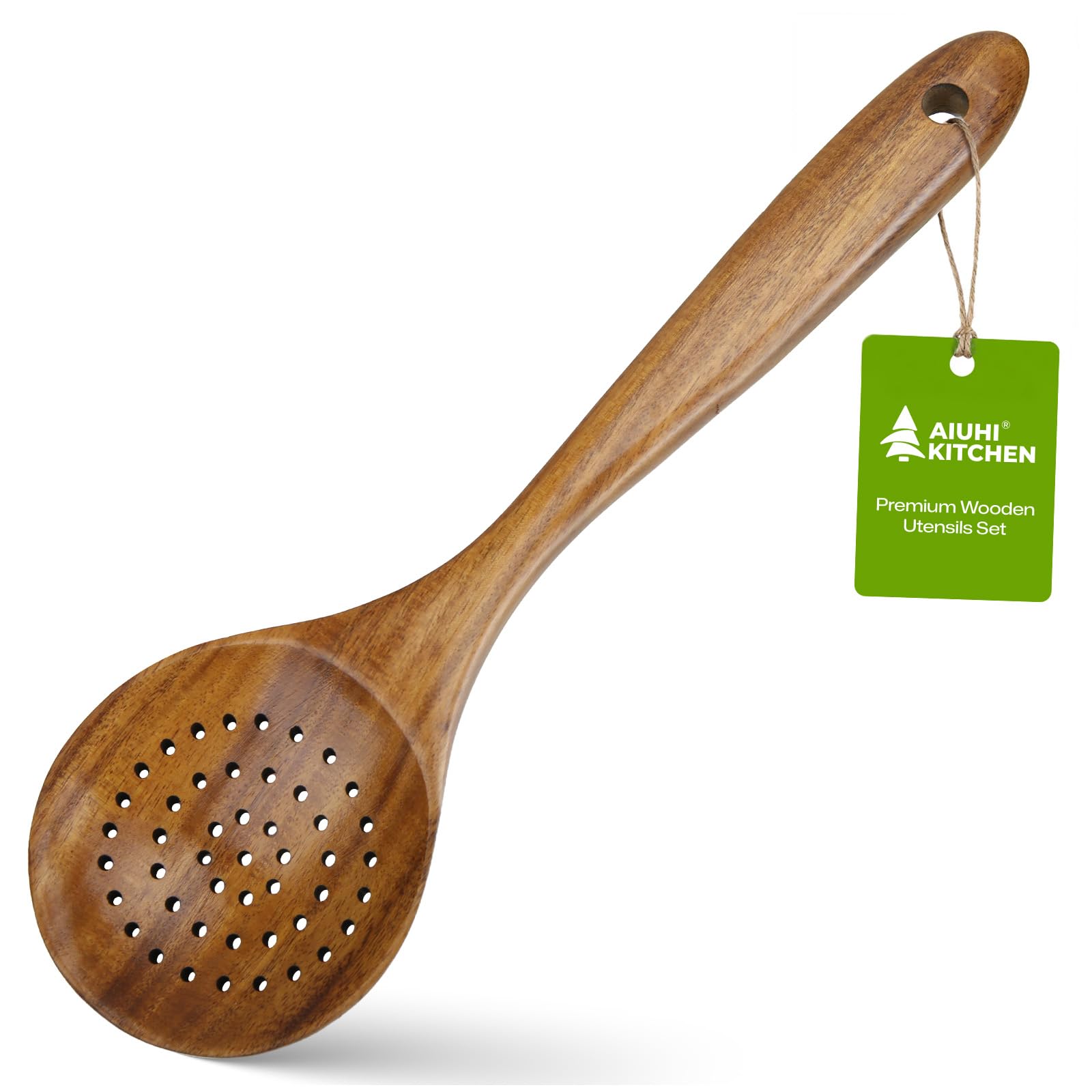 AIUHI Wooden Slotted Spoon, Teak Wood Strainer Spoon, Handmade Cooking Skimmer