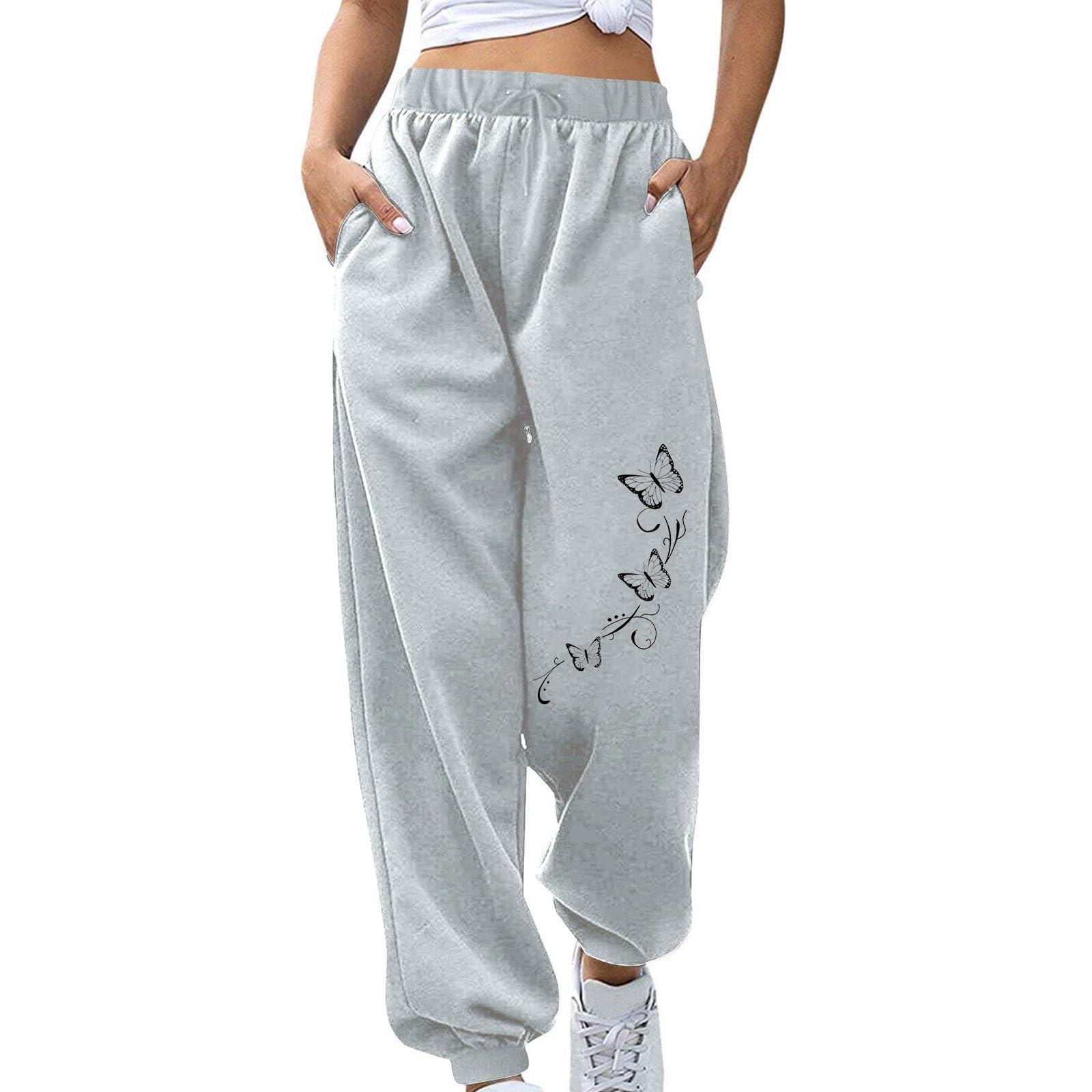 Women's Cinch Bottom Sweatpants Casual Elastic High Waisted Athletic Cute Butterfly Print Joggers Fall Running Clothes