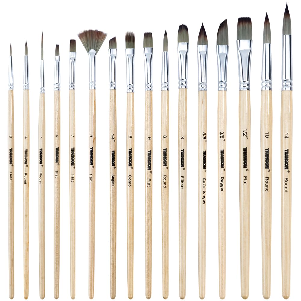 Transon 16 pcs Artist Paint Brush Set Versatile for Acrylic Painting Watercolor Painting Gouache Painting