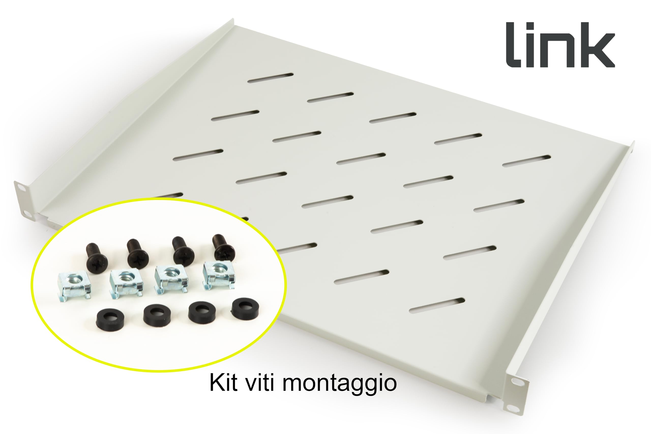 LINK LKRIP350G - Mensola per armadio rack LKRIP350G (48x35x4,5 cm, grigio chiaro RAL7035) – Acciaio verniciato a polvere con attacchi frontali universali – Portata 20 kg e viti incluse