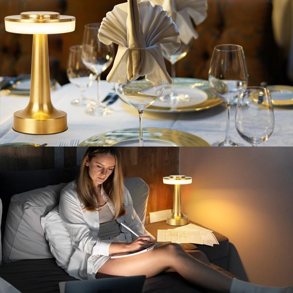 JHPGEOE Cordless Metal Desk Lamp, Touch Sensor Control LED Table Lamp, 3 Color Stepless Dimmable Battery Powered Lamp for Living Room, Dorm, Home Office (Gold) — view 7