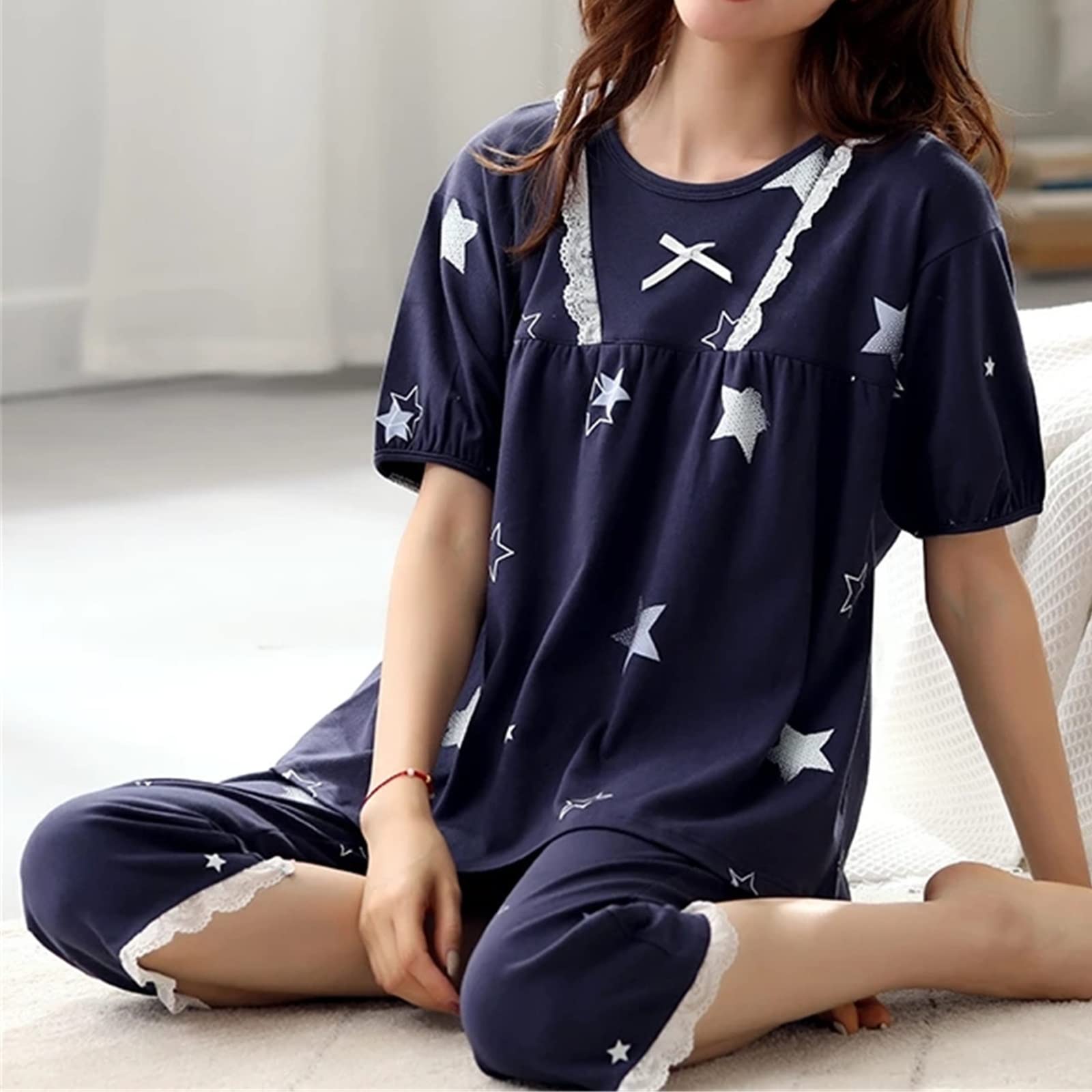 Damen-Sommer-Pyjama-Set, Damen-Pyjama-Set, Sommer-Satin-Pyjamas, Anzüge, kurzärmelige Homewear, Freizeitkleidung, Homewear (Farbe: Blau, Größe: 2X-Large)