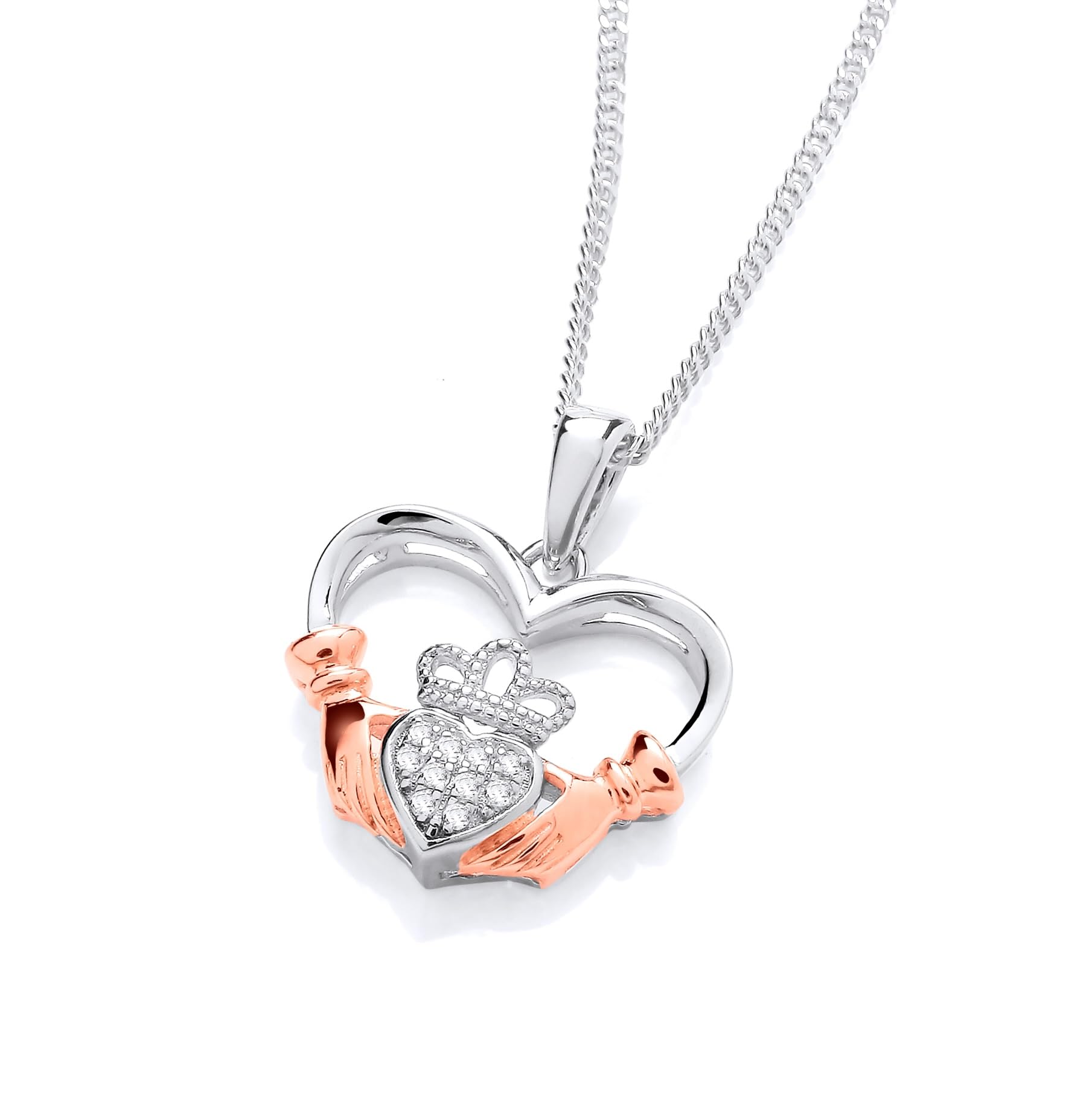 Old English Jewellers925 Sterling Silver & Rose Gold CZ Claddagh Irish Celtic Pendant Necklace + 16 18 20 inch chain