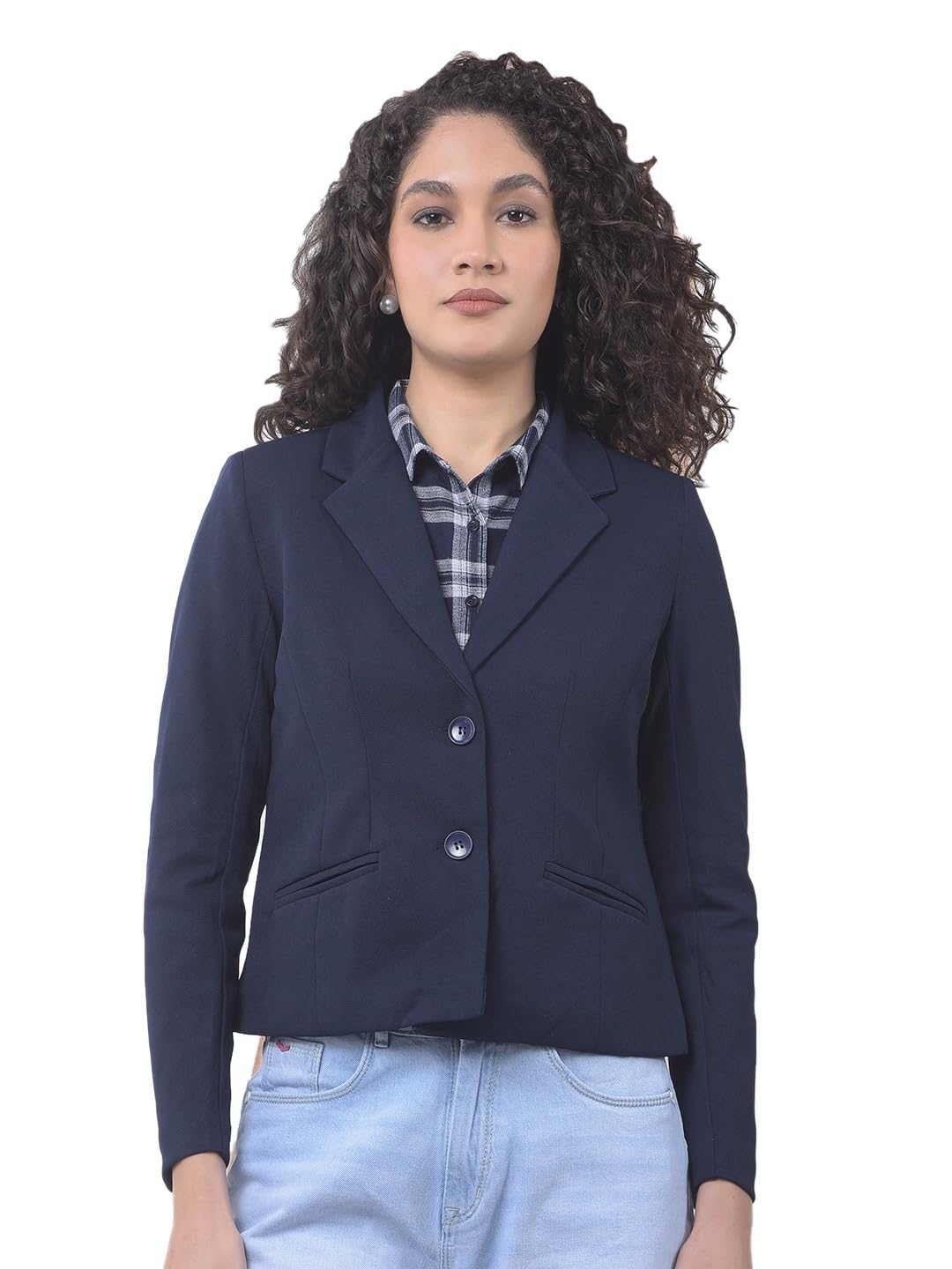 crimsoune club Women's Navy Blue Notched Lapel Single-Breasted Blazer-picture-17