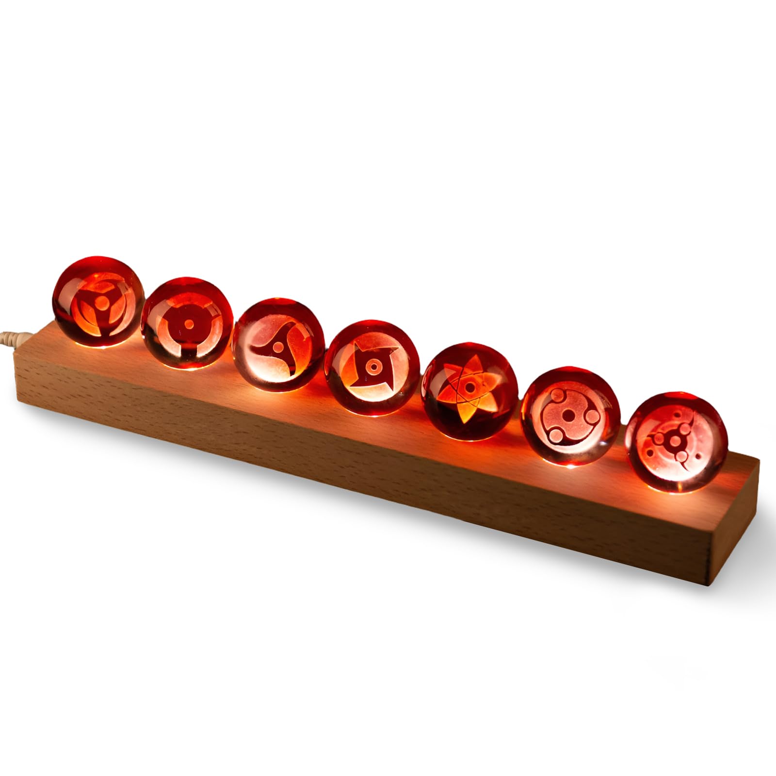 7 Stück Naruto Balls, 3D Sharingan Kristallkugel Nachtlicht, USB 40mm GlasKugel, mit Holzsockel, Naruto Shippuden LED Ball Lampe Anime-Fans Sammlerstücke Geschenk (Stil 5)