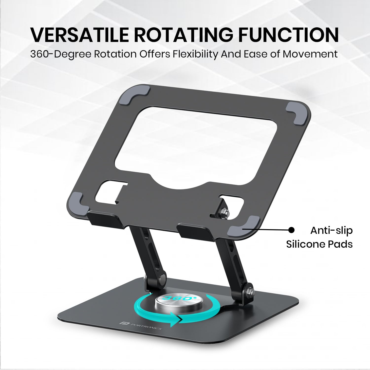Portronics My Buddy A1, Metal Tablet Stand, 360° Rotating Base, Height & Angle Adjustable, Supports Up to 12 Inch Tablets & 5Kg Load, Foldable & Portable, Anti-Slip Pads (Grey) — Amazon image 5