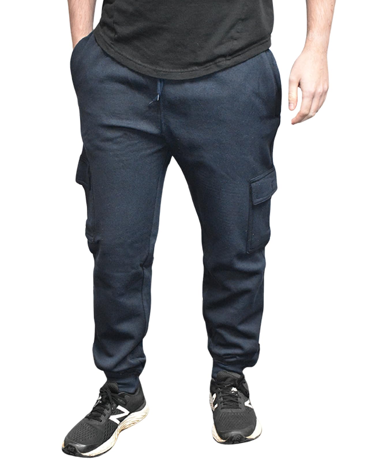 True Face Men's Navy Ribbed Cargo Joggers With Pockets, Regular Fit Fleece Trouser Elastic Waist Tracksuit Bottoms Casual Gym Sweatpants For Running, Workout, Sports, Travel And Daily Wear M