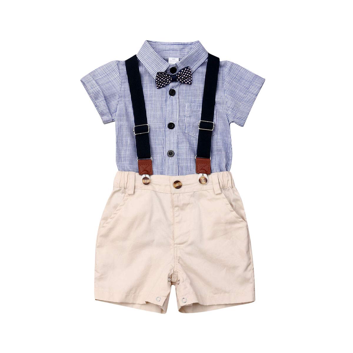 XIXIMAON Ensemble Baptême Bébé Garçon – Barboteuse Manches Courtes + Short Bretelles + Nœud Papillon – Costume Été Chic 0-6 Ans – Coton Doux Et Élégant