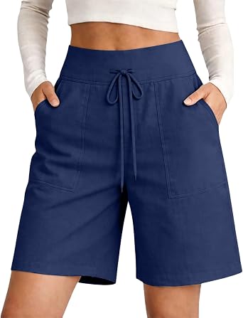 Cotton Linen Shorts for Women Drawstring Knee Length Bermuda Shorts with Pockets Summer Casual Baggy Wide Leg Outfits Plus Size Beach Vacation Clothes Capsule Wardrobe 2026 Brown X-L