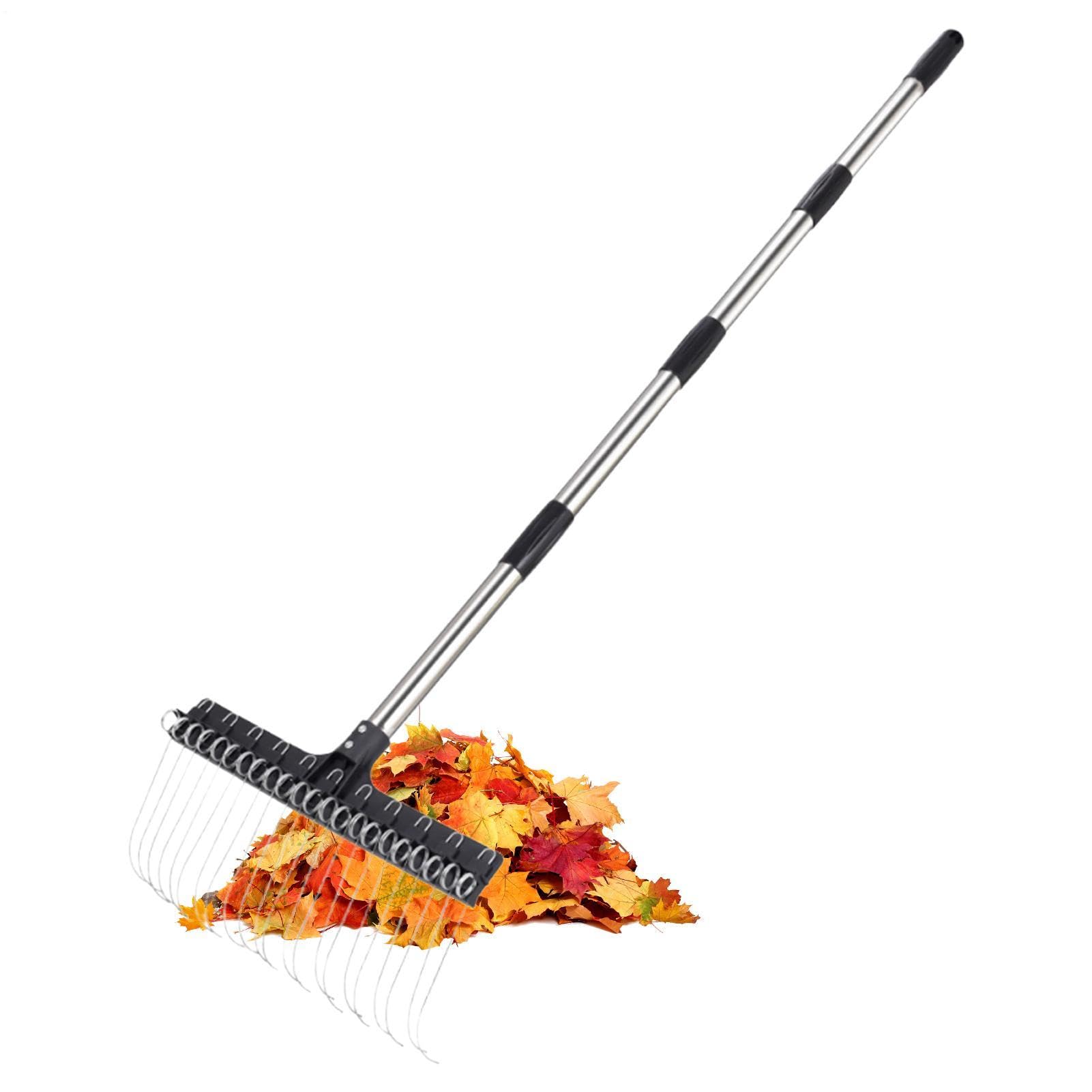 Rastrello per Foglie Denti larghi in acciaio manico regolabile da 98 a 160 | Rastrello da Giardino Robusto per Detriti Aghi di Pino Raccolta e Foglie Giardinaggio Cortile Prato Arbusti Pacciame