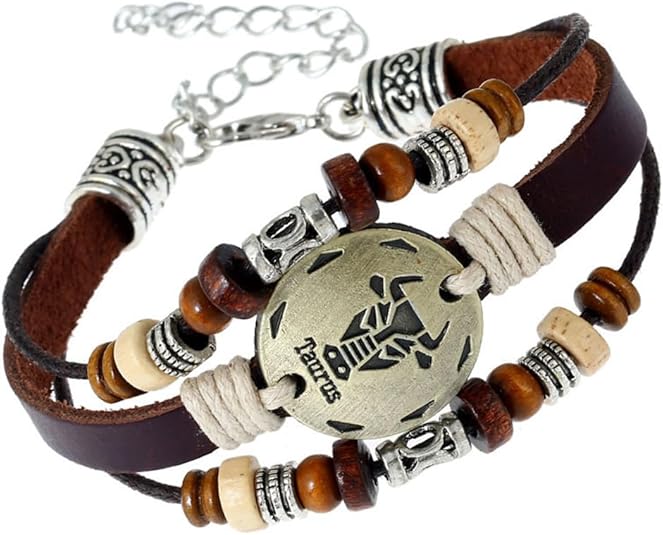 PAURO Women Men's Vintage Zodiac Sign 12 Constellation Round Coin Bracelet Weave Multilayer Brown Leather Wrap Constellation Bracelets