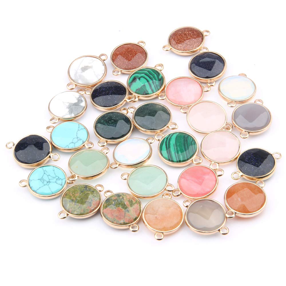 LHJ 10Pcs Natural Stone Pendant Connectors Round Random Faceted Quartz Agate Links Golden Plated Charms for Necklace Bracelet Jewelry Making DIY