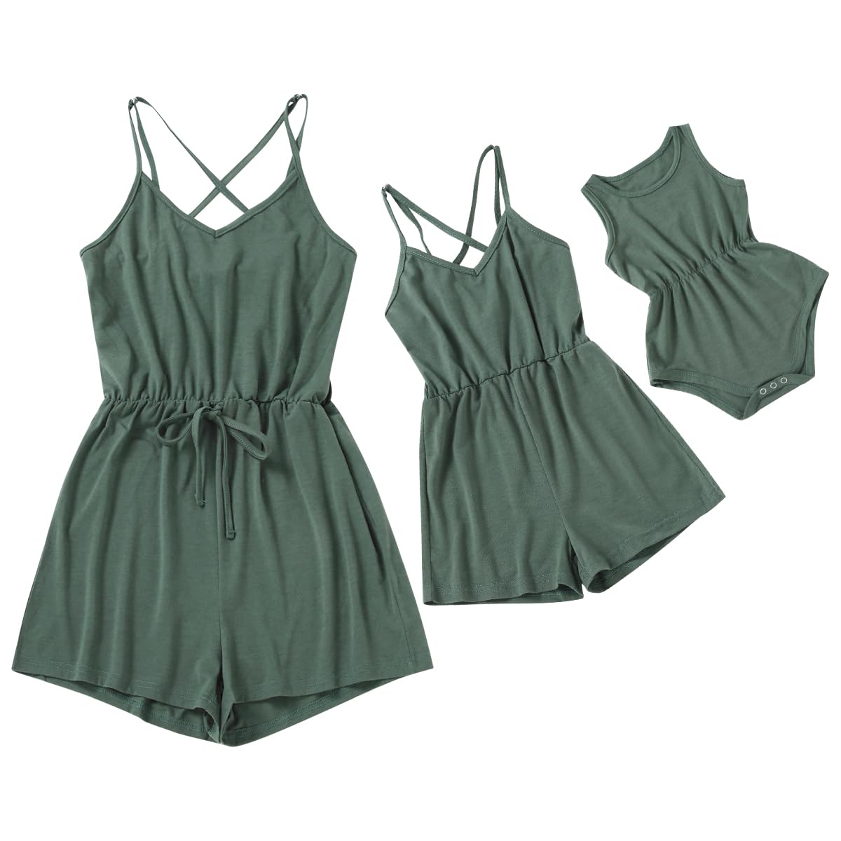 Mommy and Me Dresses Outfits Solid Color Adjustable Spaghetti Straps Family Matching Drawstring Belt Jumpsuit Romper V Round Sleeveless Summer Clothes for Mother and Daughter Green 12-18 Months