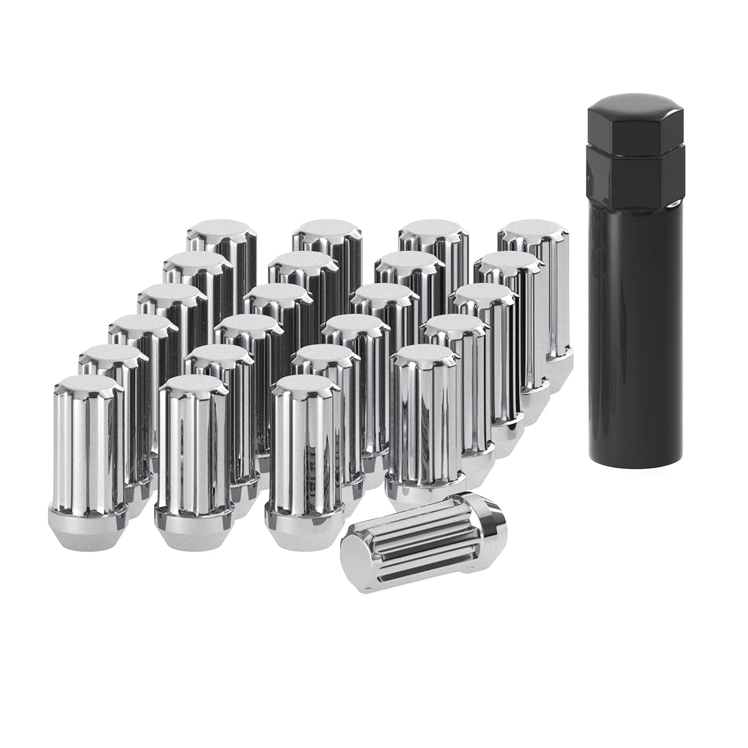 9/16x18 Chrome Wheel Lug Nuts 24 PCS, M14x1.5 Spline Conical Bulge Seat Lug Nut with Socket Key, Fit for Dodge Dakota 2005-2011 Ram 1500 2500 3500 2002-2010, for Ford F250 F350 1988-1998
