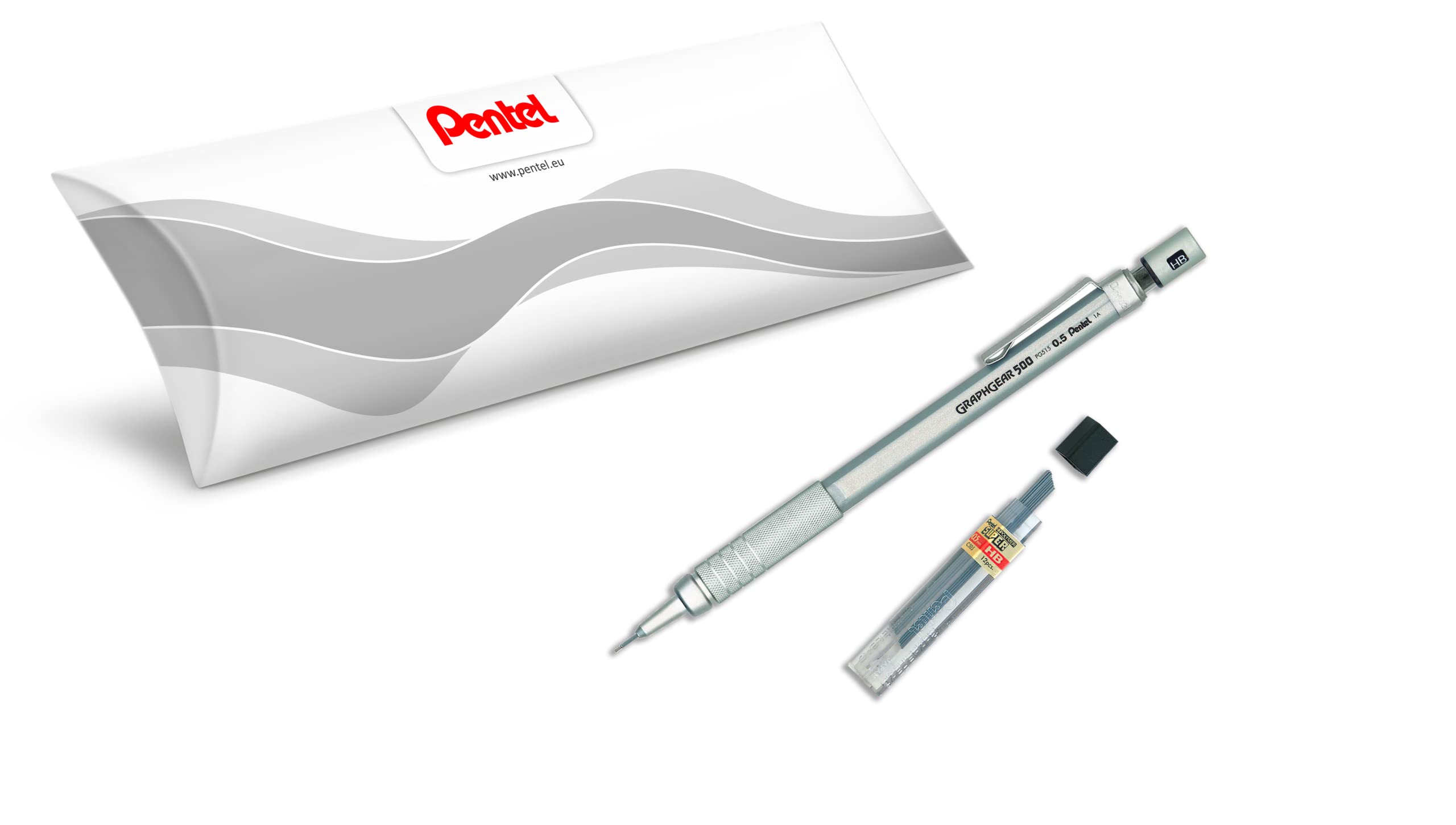 Pentel GraphGear PG515-A - Portaminas técnica (0,5 mm, 1 estuche de 12 minas Hi-Polymer Super C505-HB)