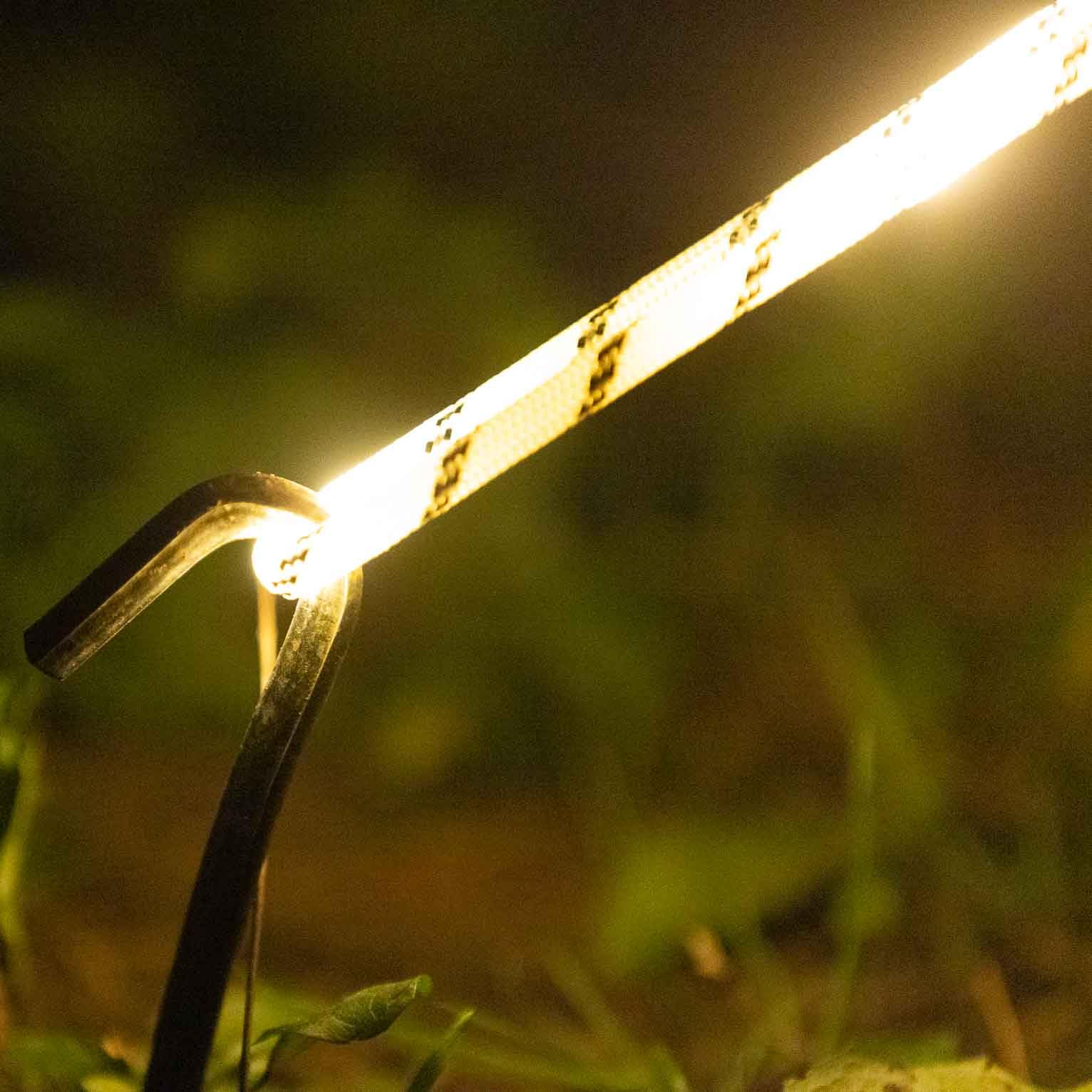 Sunnyside® - LEUCHTTAU WARMWEIß 6m – LED Abspannseil mit Dimmer, USB-C, bis 150kg belastbar – wetterfestes Campinglicht für Markise, Vorzelt & Wohnmobil