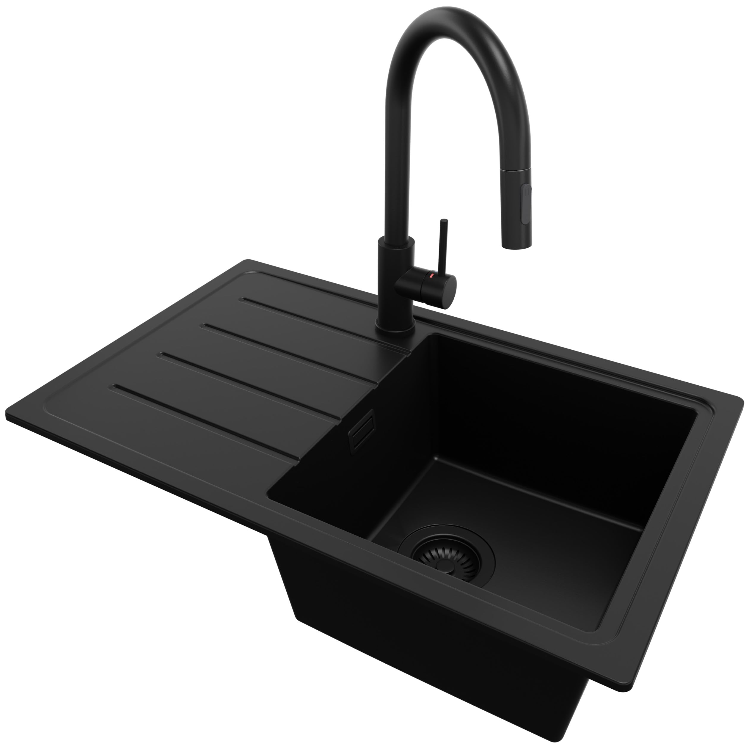 PRIMAGRAN Fregadero Granito Todo Negro 70x44cm, Cocina 1 Seno + Grifo 40x20cm + Sifón, Sobre Encimera al Mueble 45cm - Copenhague Easy S054