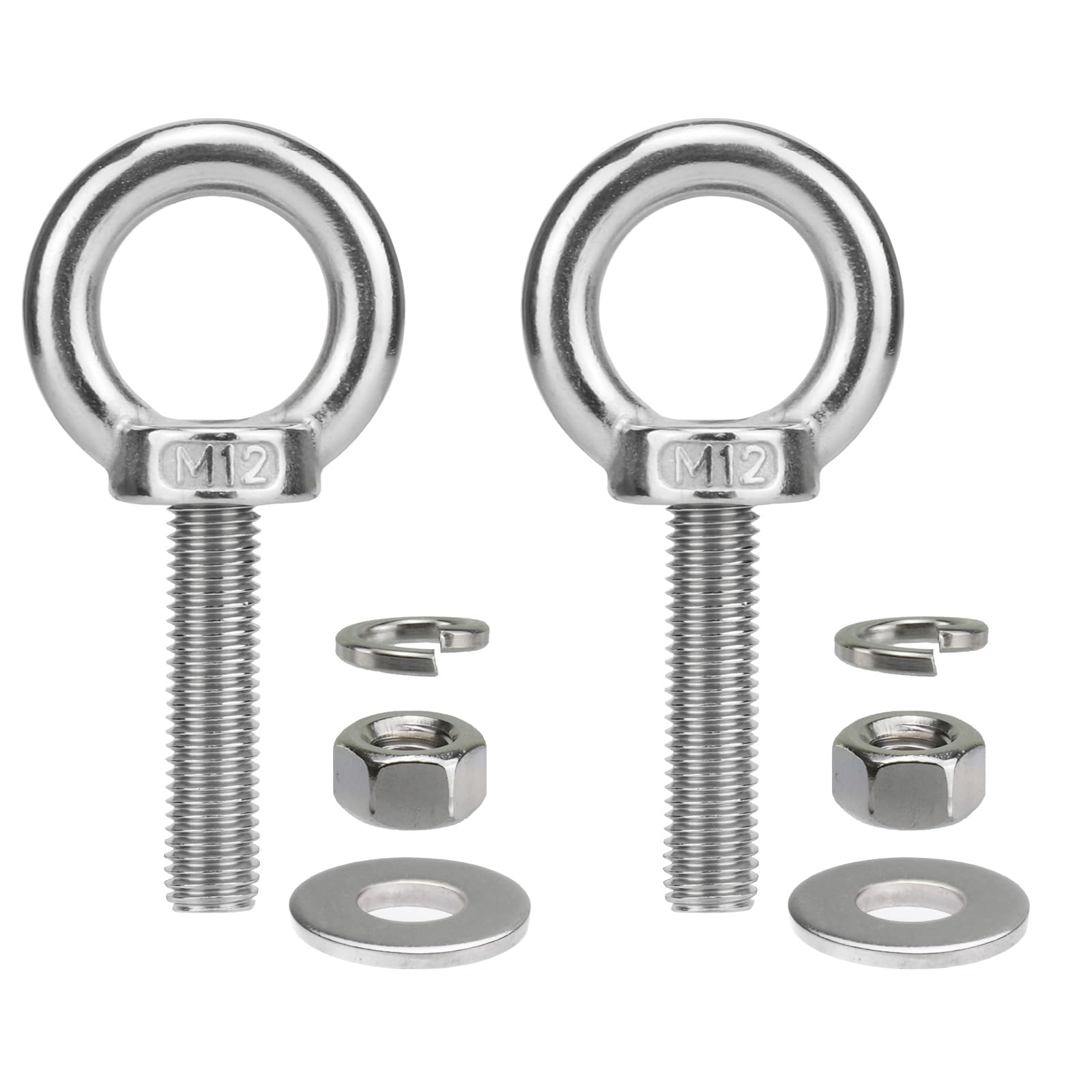 QWETRY M12 Stainless Steel Eye Bolts with Nuts 2 Pack, M12 x 50mm (15/32" x 2 inch) Strong Shoulder Lifting Ring Eye Bolt for Boat & Hang, Heavy Duty Marine Grade Threaded Eyebolt for Tie Down Outdoor — image 1