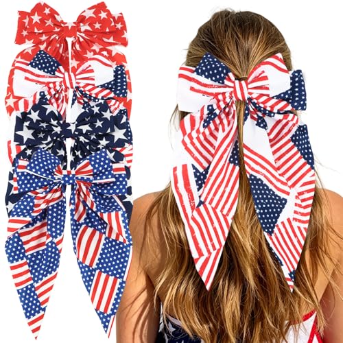 CURASA 4th of July Satin Hair Bows Para Mujeres y Niñas 4PCS Moños de Cinta con Bandera Americana Pinzas de Pelo Patrióticas Día de la Independencia Azul Blanco Estrella miniatura 1