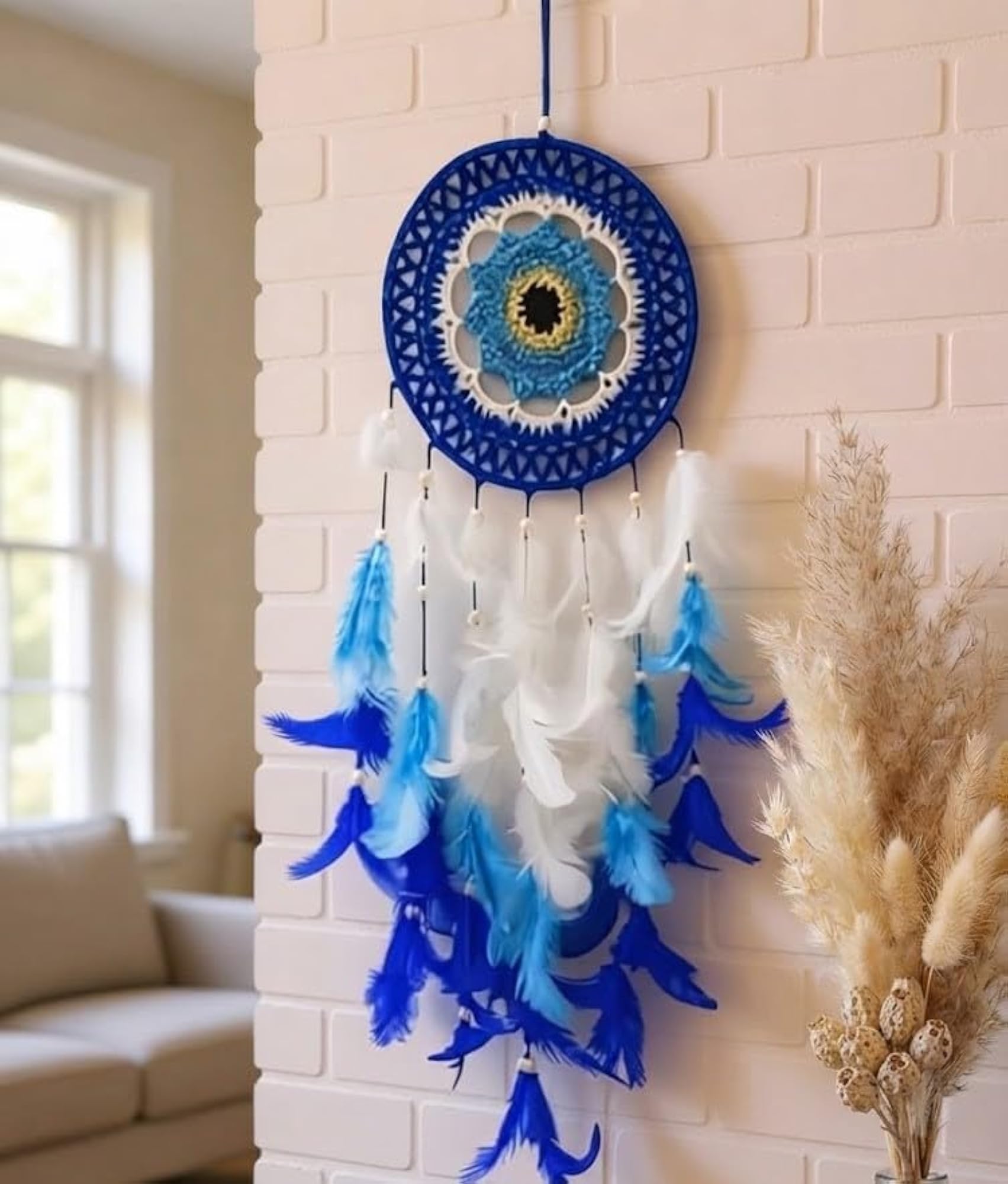 Handmade Blue Dream Catcher Wall Hanging with Feathers & Beads