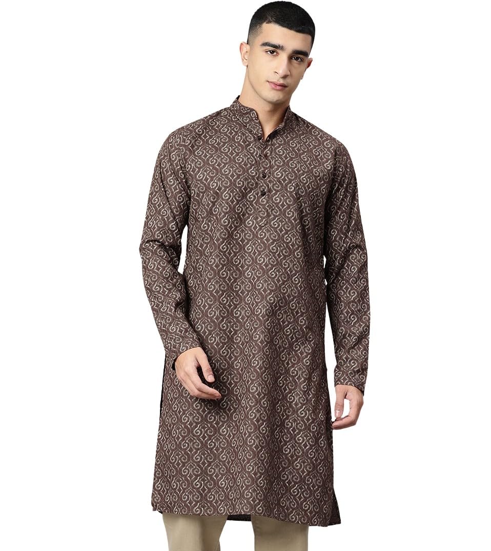 majestic man Men’s Regular Fit Ethnic Motifs Printed Pure Cotton Long Kurta with Mandarin Collar & Full Sleeves-picture-30