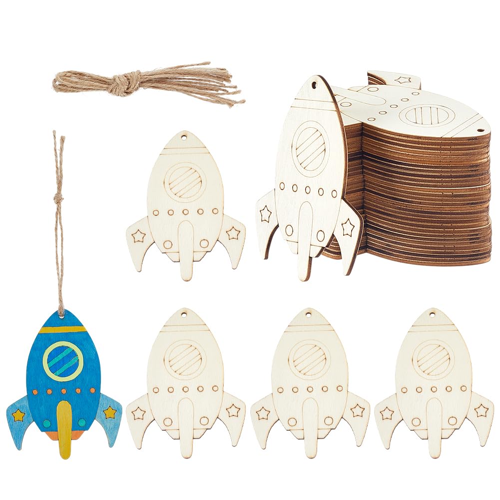PH PandaHall 30pcs Wooden Rocket Hanging Ornaments for Painting, Unfinished Wooden Space Cutout Pendants Blank Wood Crafting Tags with Jute Cord for Birthday Baptism Party Home Decoration Art Crafts