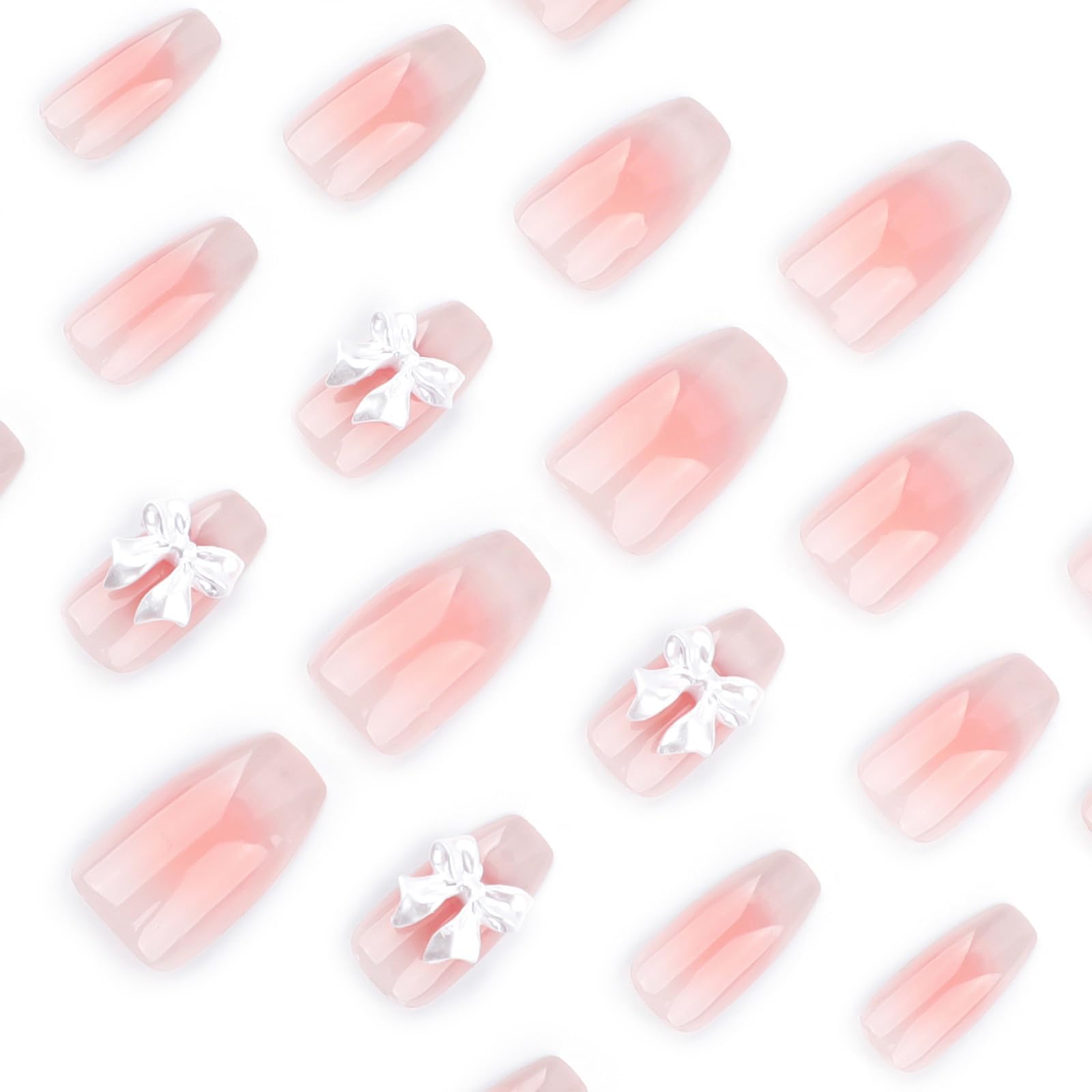 GlamRays 24 Pieces French Press on Nails Medium Coffin Shape Fake Nails with Cute Bow Nail Charms Rhinestones Designs Acrylic nails Glossy Nude Pink False nails Reusable Stick On nails - Image 3