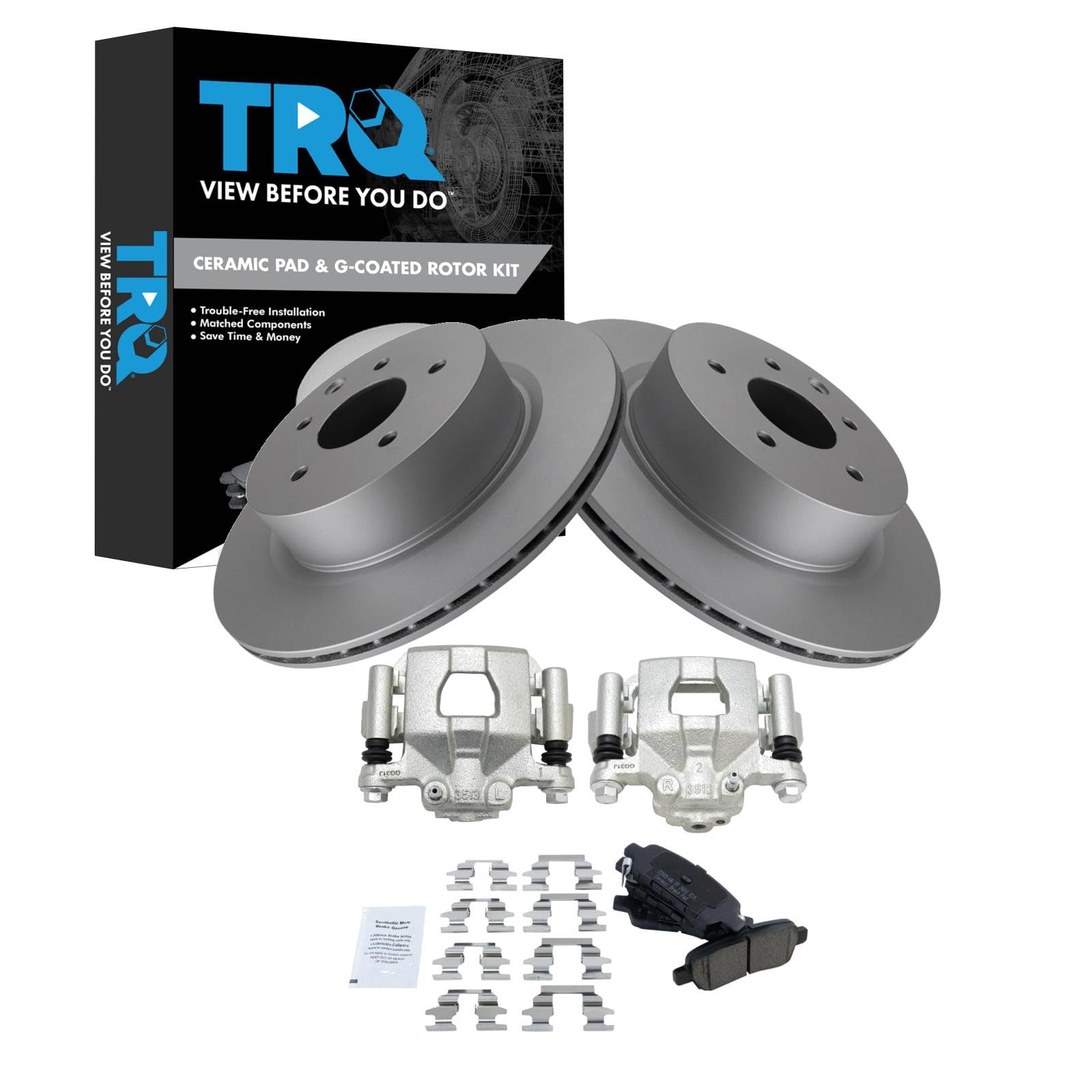 TRQ Rear Brake Pad and Rotor Set Ceramic Coated Rotors Calipers Compatible with 2019-2020 Nissan Maxima