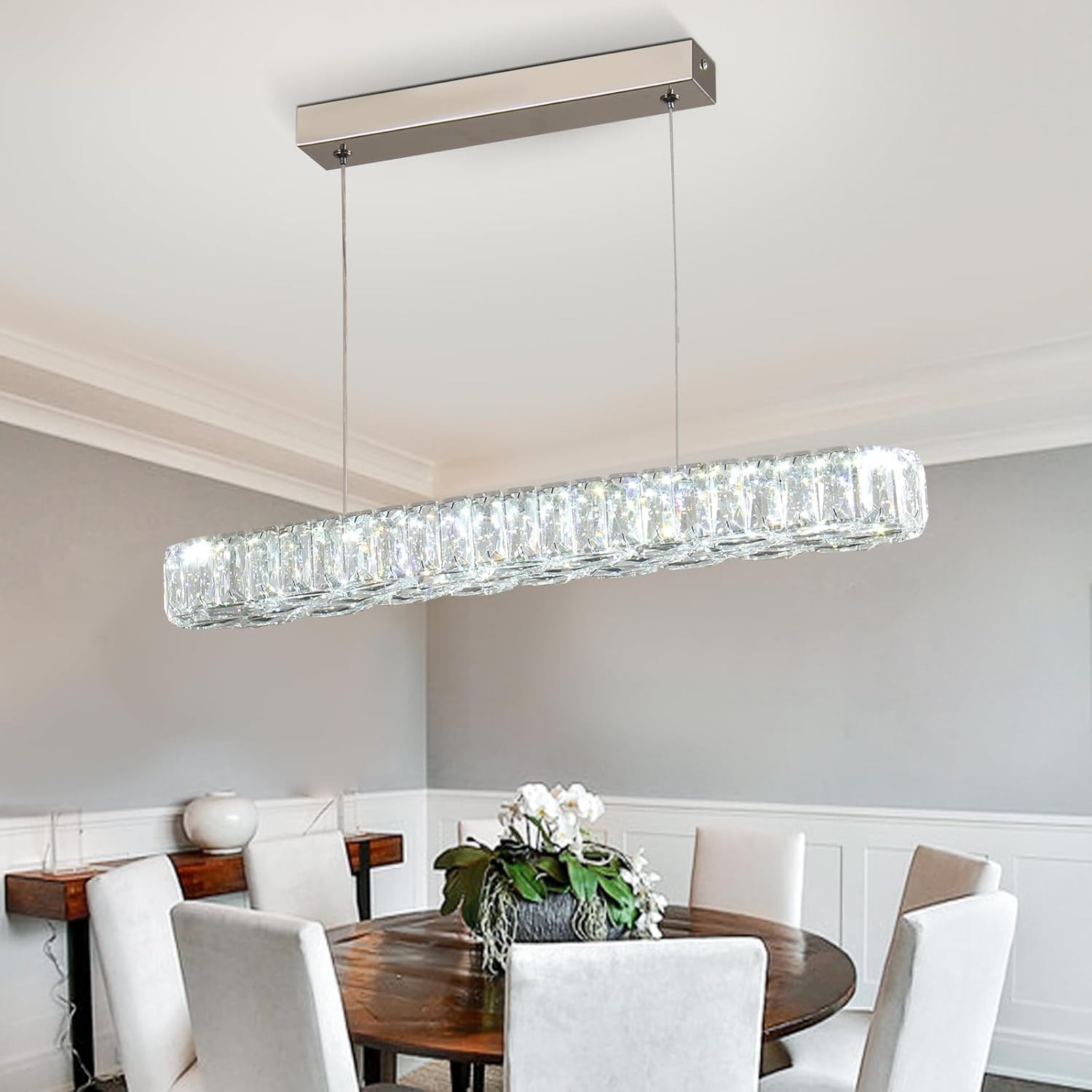 Crystal Modern Crystal Pendant Light, 54.4cm Linear LED Chandelier for Kitchen Island & Dining Table, Height Adjustable Hanging Ceiling Light, K9 Crystal & Stainless Steel, Cool White 6500K, 25W