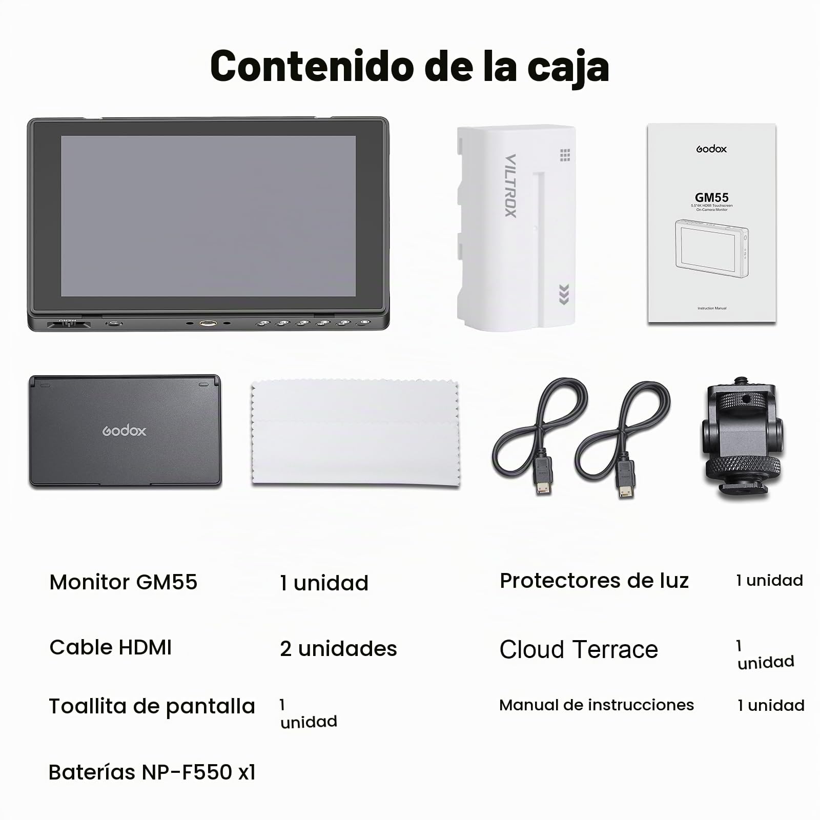 Godox GM55 4K Táctil Cámara Monito 5,5 Pulgadas Externo Monitor 410nit 1920x1080 IPS HDMI 3D LUT con LUT 3D NP-F550 Batería Parasol para Microslr&DSLR para Canon Nikon Sony