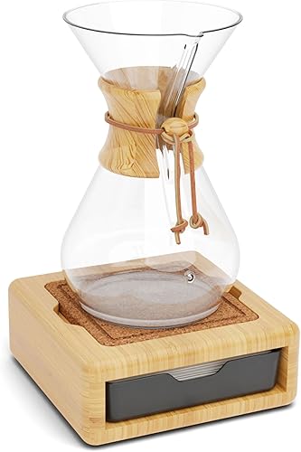 HEXNUB - Soporte de vertido prémium para Chemex, Bodum, Cosori, Bialetti, Grosche - Alfombrilla de corcho resistente al calor con cajón de filtro de