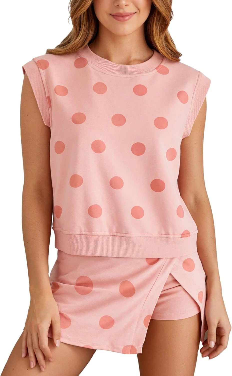 Polka Dot Set Two Piece Sets for Women Sleeveless Top Bodycon Skort Y2k Casual Cute Trendy Vacation Set Outfit (Pink,Small)